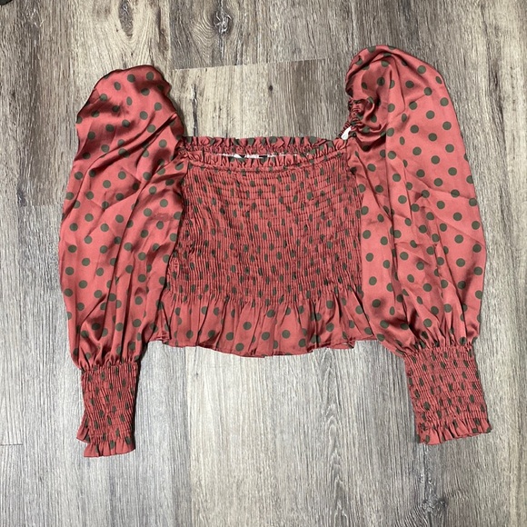 Zara red green polka dot blouse top, medium - Picture 3 of 8
